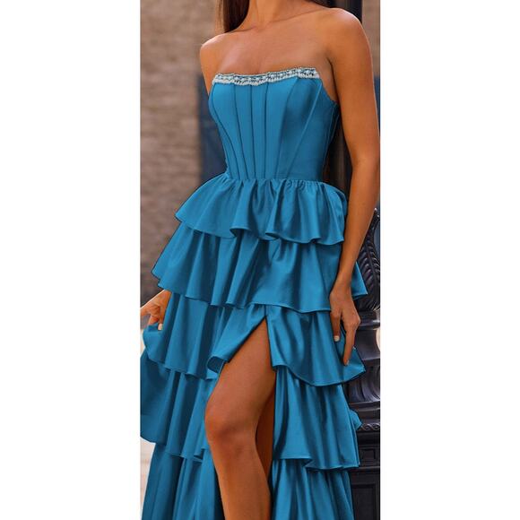 STACEES PROM 2025 Peacock Blue Beaded Corset Ruffle Skirt Hi Slit Size 4 - Picture 3 of 8